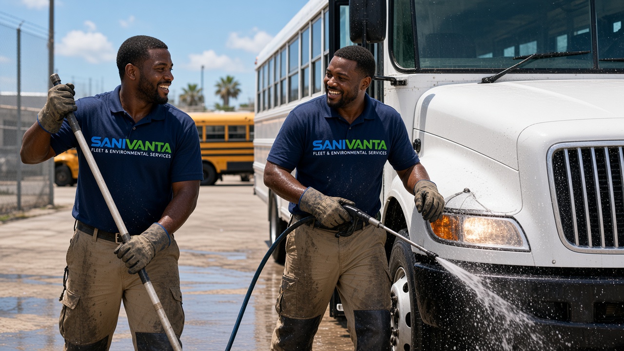 Two SANIVANTA wash technicians rinsing a white bus in a sunny yard.