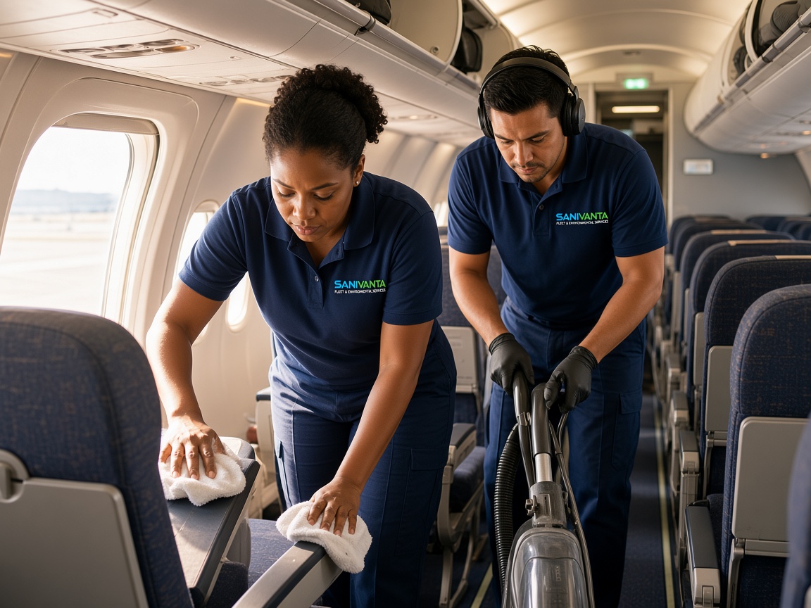 Two SANIVANTA cleaners working an aircraft cabin.