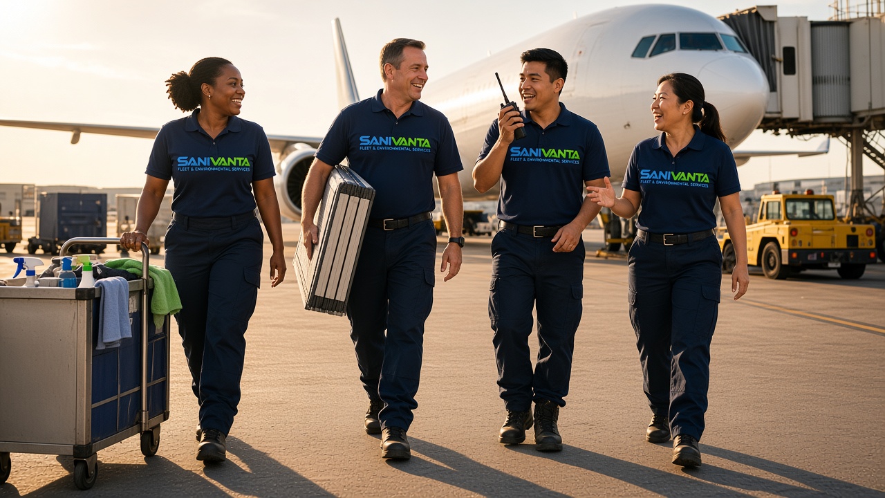 SANIVANTA crew walking the ramp with a cart at the end of a shift.