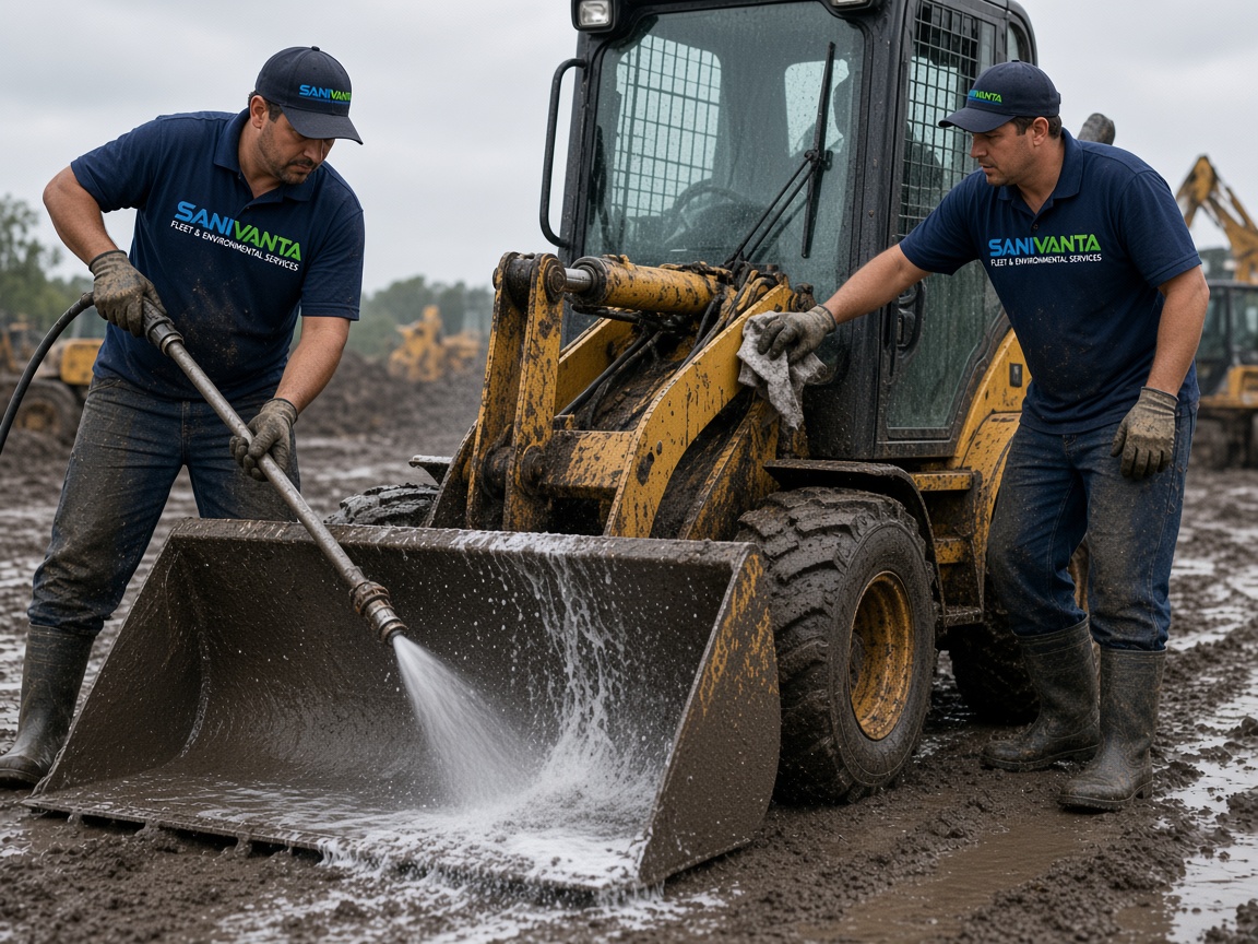 Two SANIVANTA technicians washing a yellow loader.