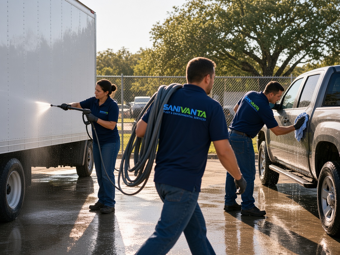 SANIVANTA crew washing trucks in a commercial yard.