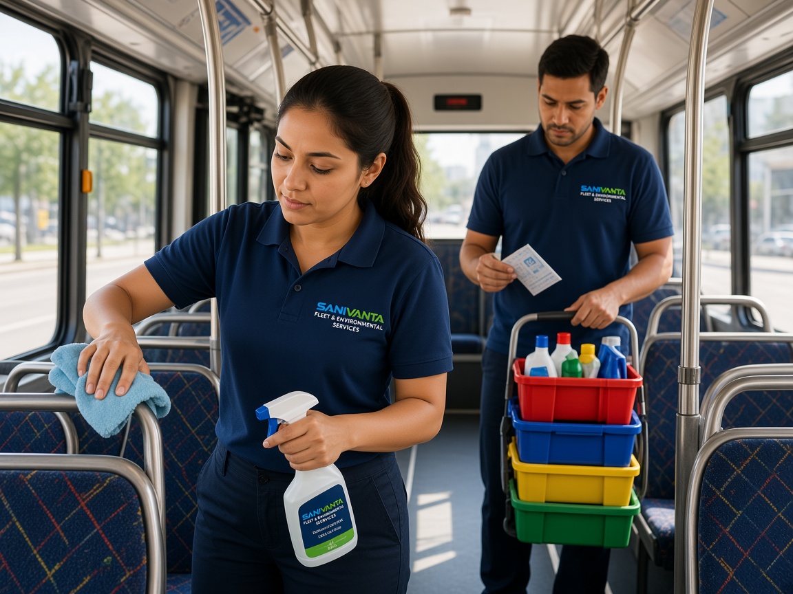 A SANIVANTA cleaner wiping handrails inside a transit bus.