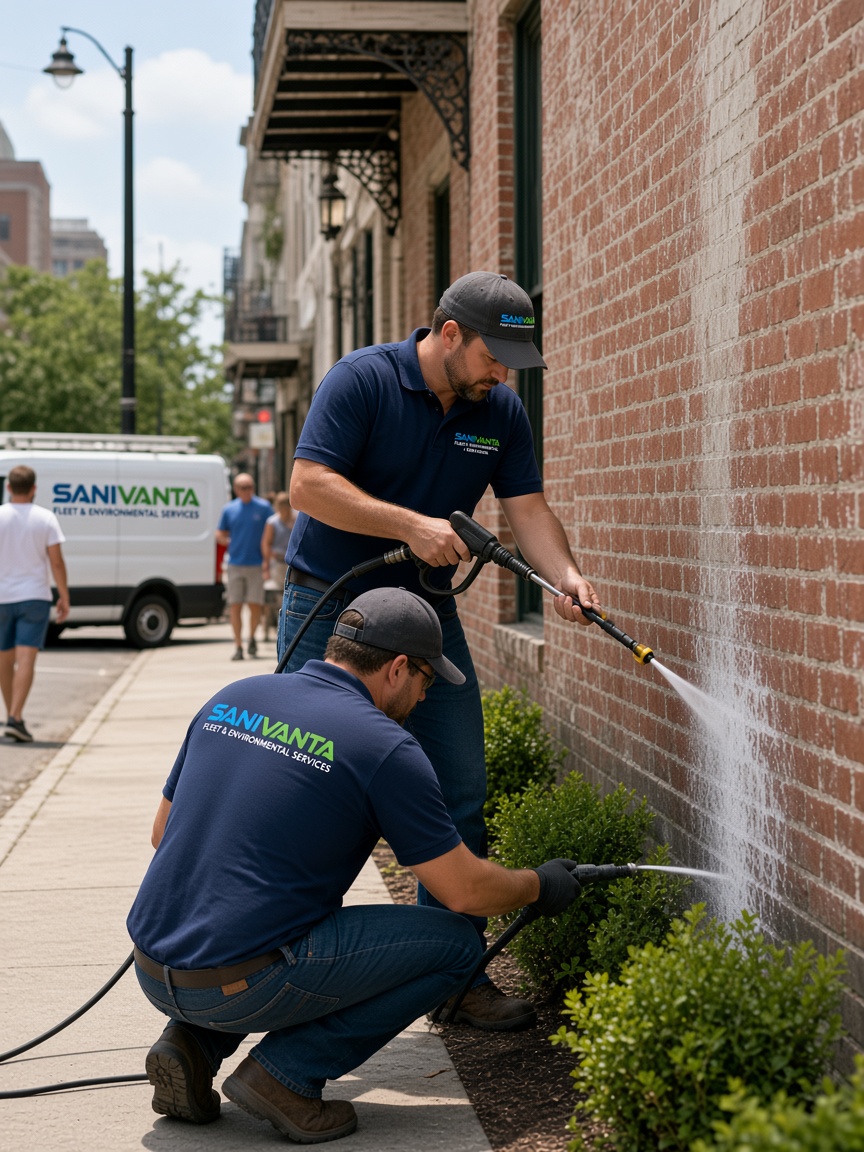 SANIVANTA technicians soft-washing a commercial building.